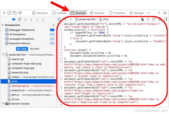 Safari developer tools - Sources panel showing JavaScript code
