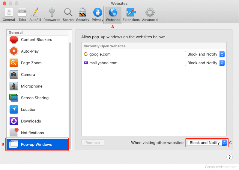 macOS pop-up settings.