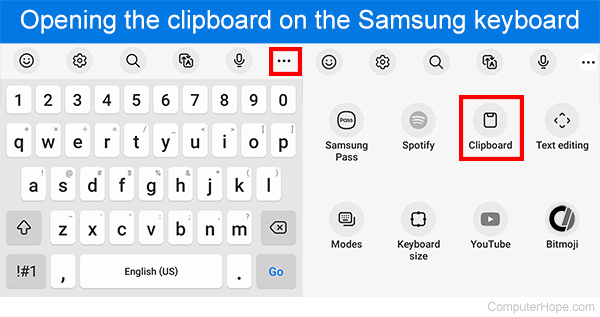 Location of the clipboard icon on the Samsung keyboard