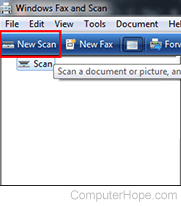 Clicking new scan in Windows Fax and Scan.