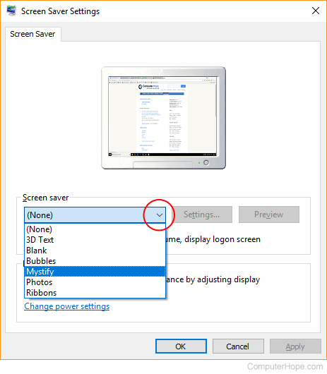 Menu where users may select a screen saver.