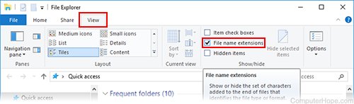 To view file extensions, open File Explorer, click the View tab, and check File name extensions.