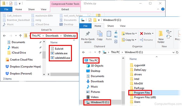 Double-click SDelete.zip to view the archive contents. In another File Explorer window, navigate to your Program Files directory.