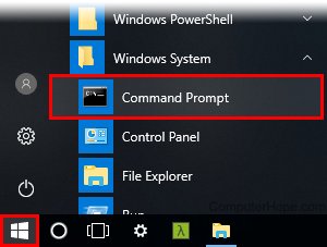 Open the Start menu, open Windows System, and click Command Prompt.