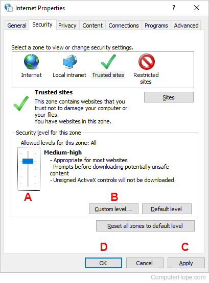 Adjusting security zone levels in Windows.