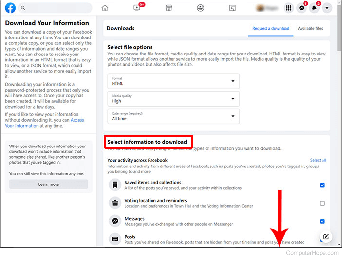 Select information to download from Facebook.