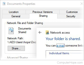 Sharing a folder in Windows 10.