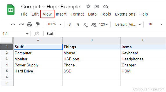 View selector in Google Sheets.