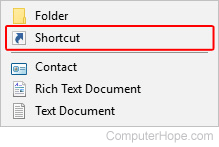 Selector to create a shortcut in Windows.