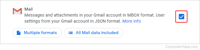 Checkbox in the Mail section of Google Takeout.