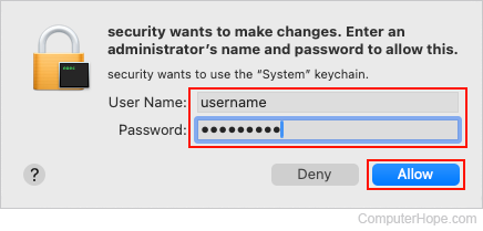 Entering a username and password for admin access in Terminal.