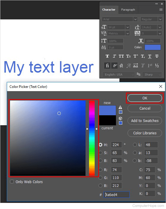 In the Color picker, choose a color, and click OK.