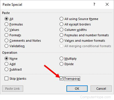 Select Transpose option in Paste Special window
