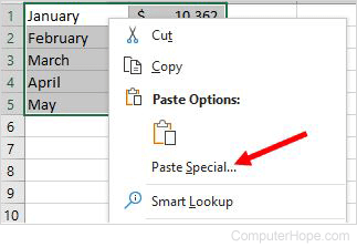 Right-click data and select Paste Special