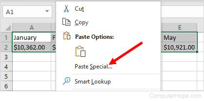 Right-click and select Paste Special