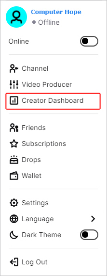 Creator Dashboard selector