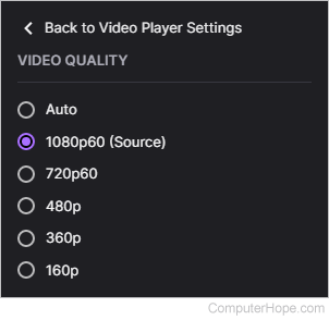 Opsi kualitas pemutaran video di Twitch.