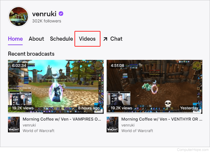Videos selector on Twitch.