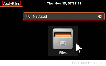 Launching Nautilus from the Ubuntu Activities search bar.