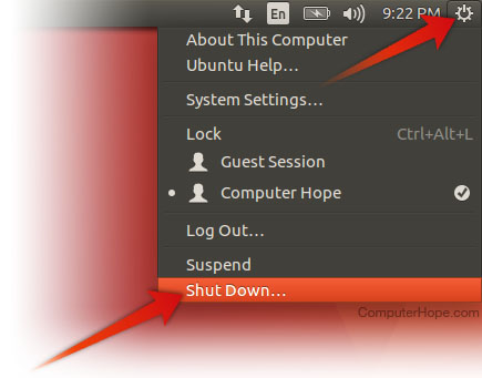 Choosing shutdown in the Ubuntu menu