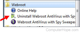 Uninstall antivirus through Windows Start menu