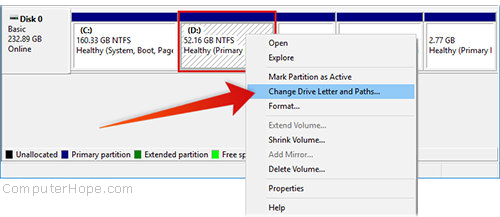 In Disk Management, right-click the volume to unmount, and choose Change Drive Letter and Paths.