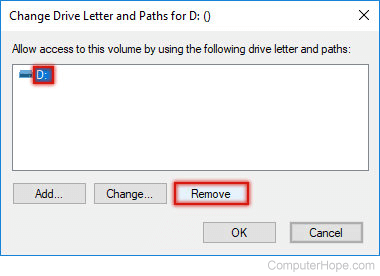 Select the drive letter of the volume to be unmounted, then click Remove.