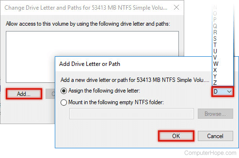 To mount the volume again later, Change Drive Letter and Paths, then click Add.
