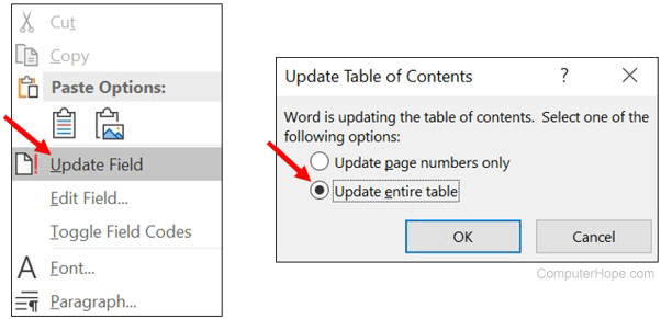 Update a table of contents in Microsoft Word