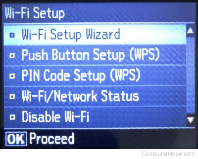 Wi-Fi Setup menu on a wireless capable printer