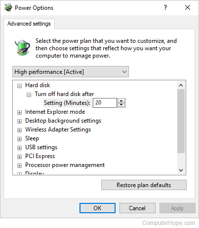 Advanced Power Options in Windows.
