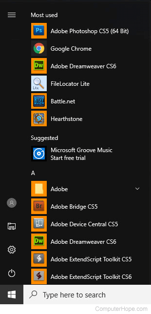 Windows 10 Start menu with apps.