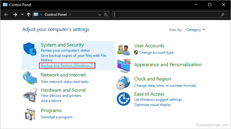 Backup and Restore selector in Windows 10.