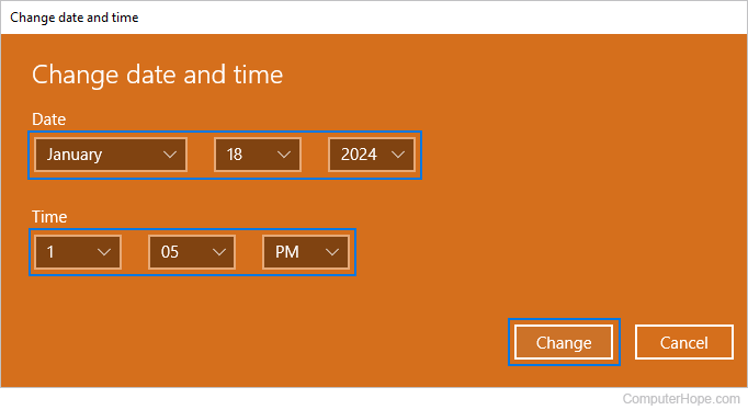 Changing the date and time in Windows.