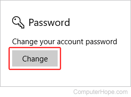 Change password button in Windows 10.