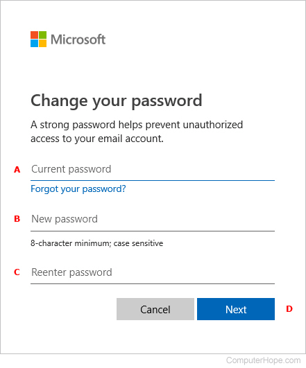Form to change a Windows password.