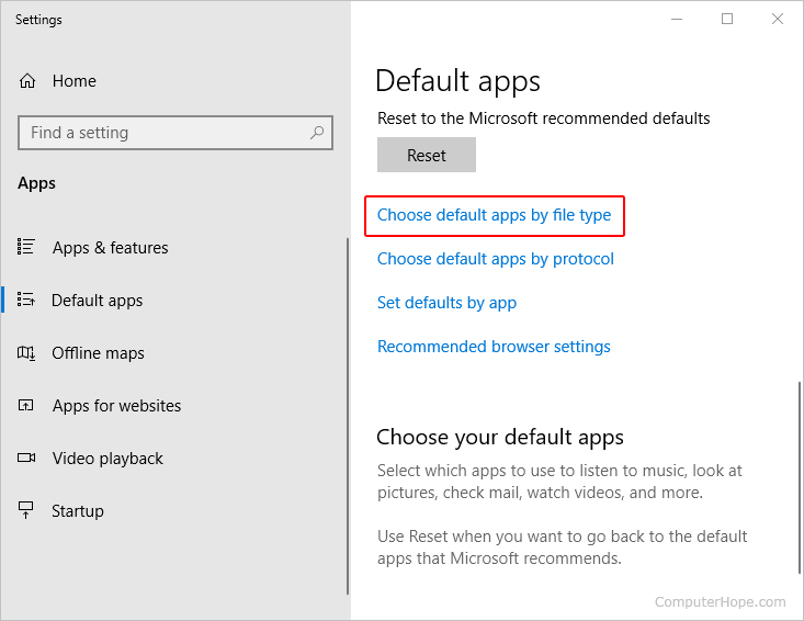 Choosing the default app for a certain file type in Windows 10.
