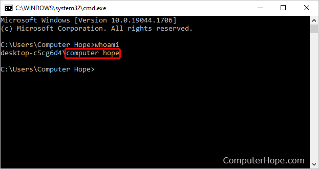 Windows command line using the whoami command in Windows 10.