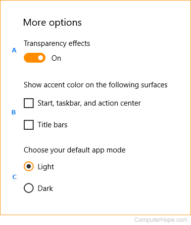 More options section for colors in Windows 10.