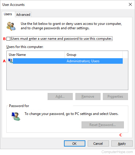 User accounts to disable the startup password in Windows.
