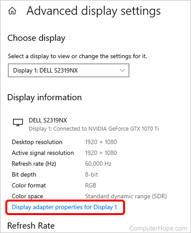 Display adapter properties link in Windows 10 advanced display settings.
