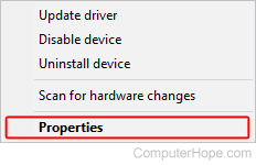 Properties selector for drivers in Windows.