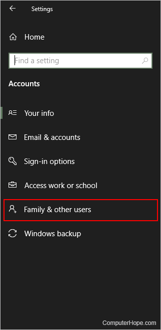 Family and other users selector in Windows Settings.