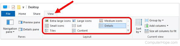 File display options in Windows Explorer - Windows 10.