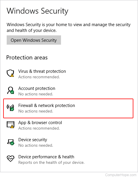 Windows 10 Firewall & network protection selector.