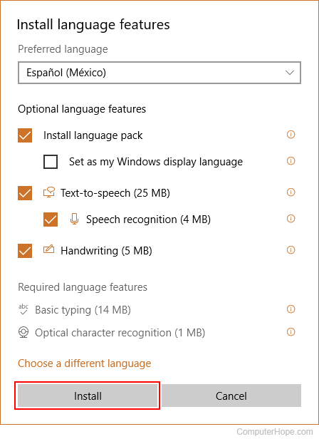 Choosing the features that come with a language in Windows 10.