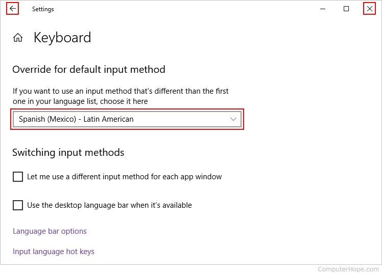 Exiting the keyboard language settings menu in Windows 10.