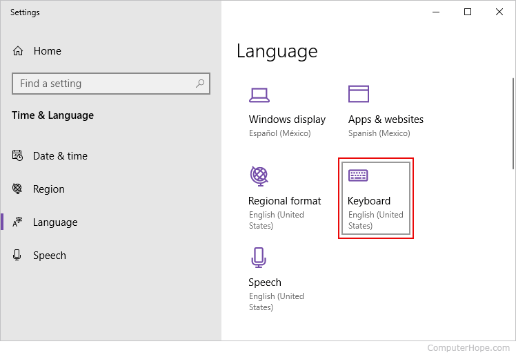 Keyboard selector in the Language section of Windows 10.