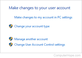 User account change options in Windows 10.