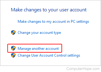 Manage another account link in Windows 10.
